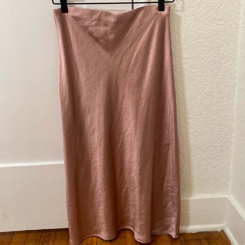 Pink satin slip midi skirt